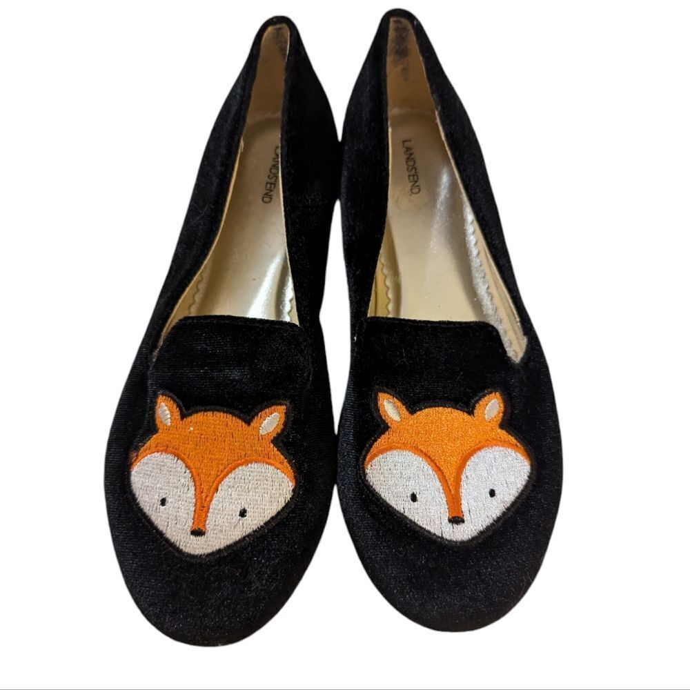 Lands End girls black velour ballet shoes with embroidered fox🦊 flats